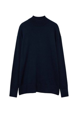 Navy blue turtleneck sweater with long sleeves, made from soft knit fabric. Features a relaxed fit and ribbed cuffs and hem.