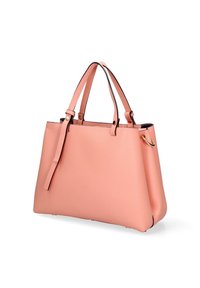 Borsa tote in pelle rosa con doppio manico, forma strutturata, texture liscia e dettagli in hardware dorato.