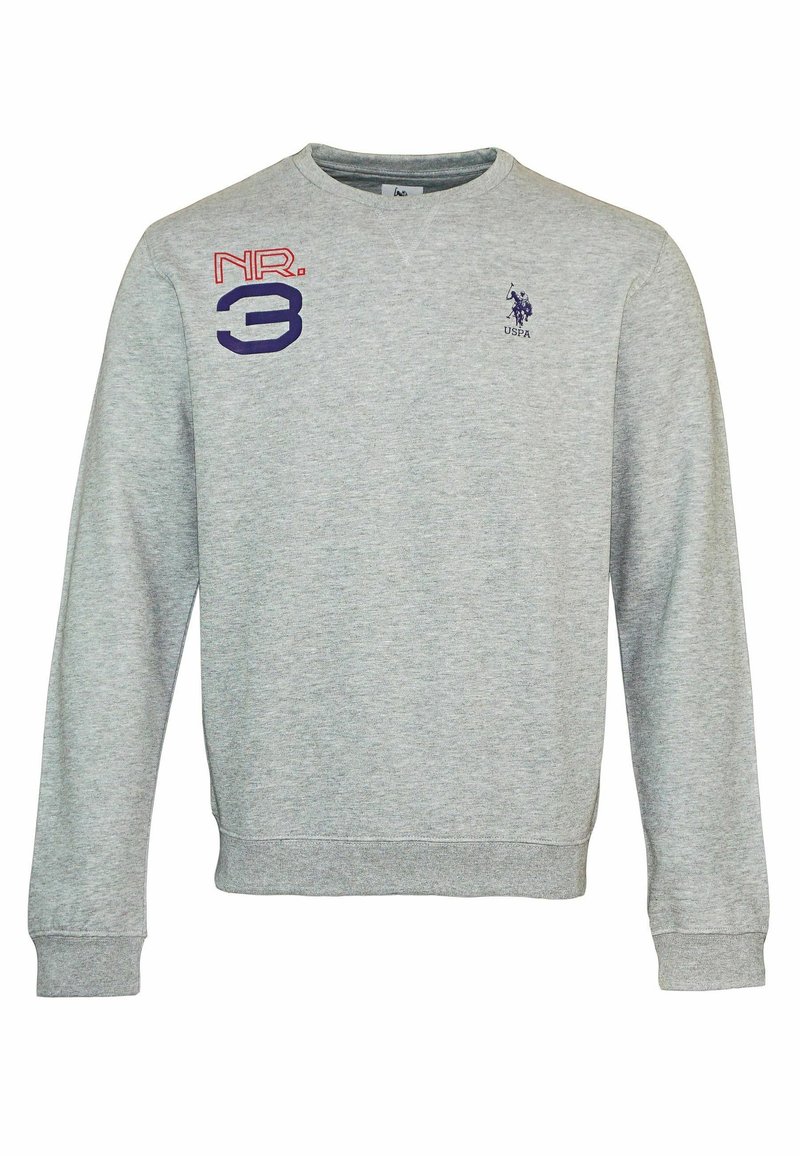 Sudadera color gris claro hecha de una mezcla de algodón, con cuello redondo, puños acanalados y detalles bordados: "NR. 3" en rojo y azul, y logo.