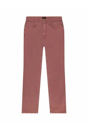 Jeans in denim rosa con una vestibilità dritta, cinque tasche e hardware in metallo. Presentano un'apertura con bottone e dettagli di cucitura in evidenza.
