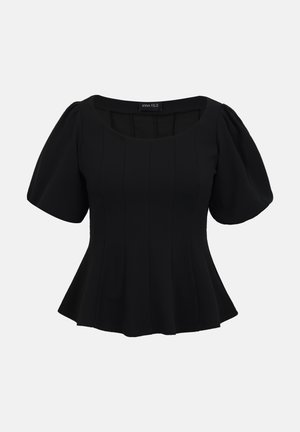 Black fitted women's blouse with puffed short sleeves, square neckline, vertical seam details, and slightly flared hem.