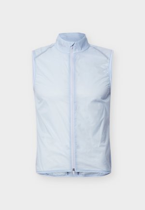 Hele sinine varrukateta lukuga vesti, millel on püstiääris ja mis on tehtud siledast, kergest kangast, kujutatud valgel taustal.