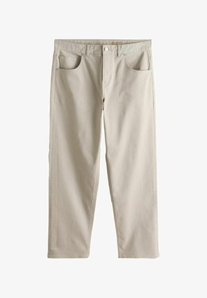 Lässig geschnittene beige Freizeithose mit vorderem Knopf, Reißverschluss, Gürtelschlaufen sowie vorderen und hinteren Taschen.