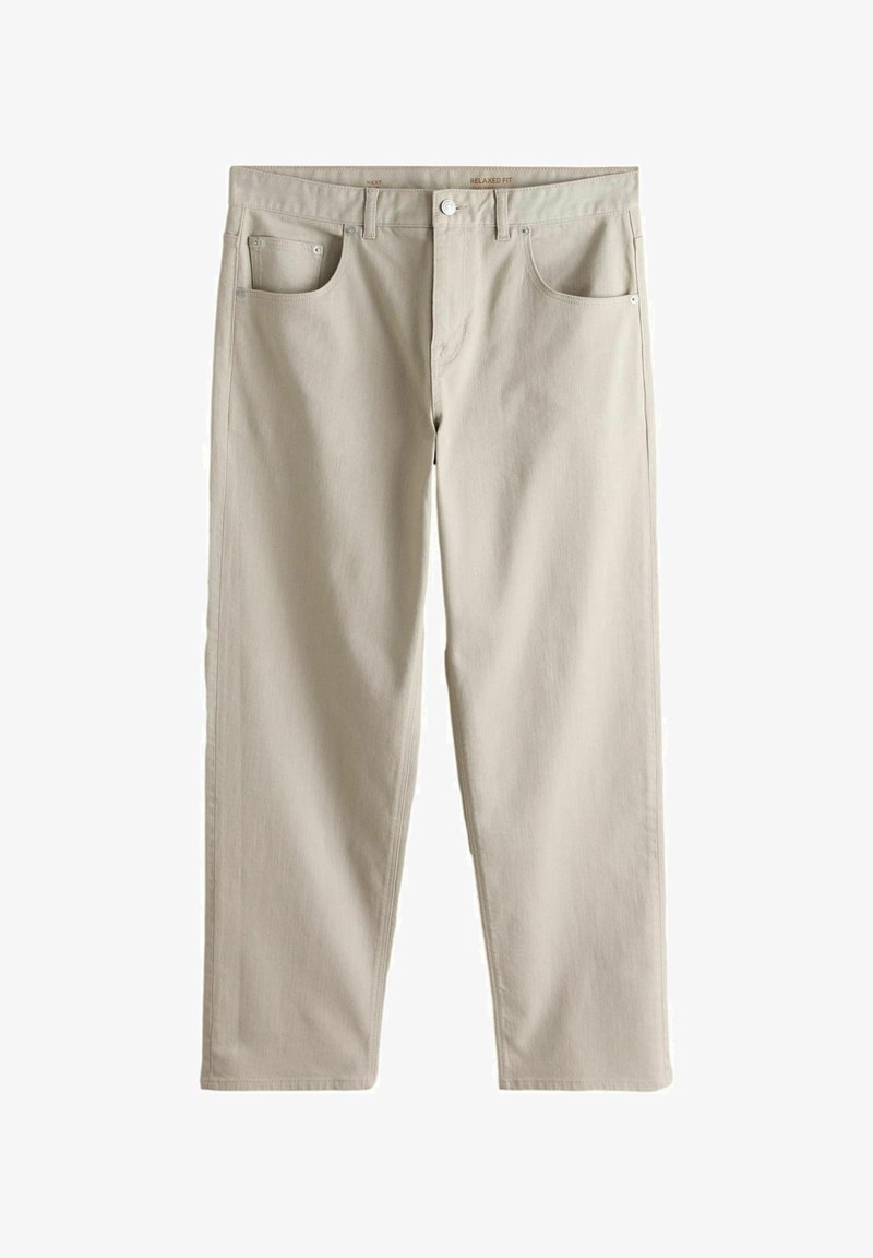 Relaxed fit beige casual pants with front button, zipper, belt loops, and front and back pockets.