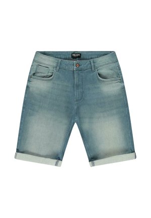 Lichtblauwe denimshorts met een verweerde wassing, vijf zakken, opgerolde zoom en een metalen knoopsluiting in de tailleband.
