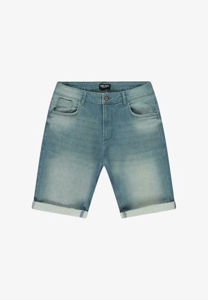 Lichtblauwe denimshorts met een verweerde wassing, vijf zakken, opgerolde zoom en een metalen knoopsluiting in de tailleband.