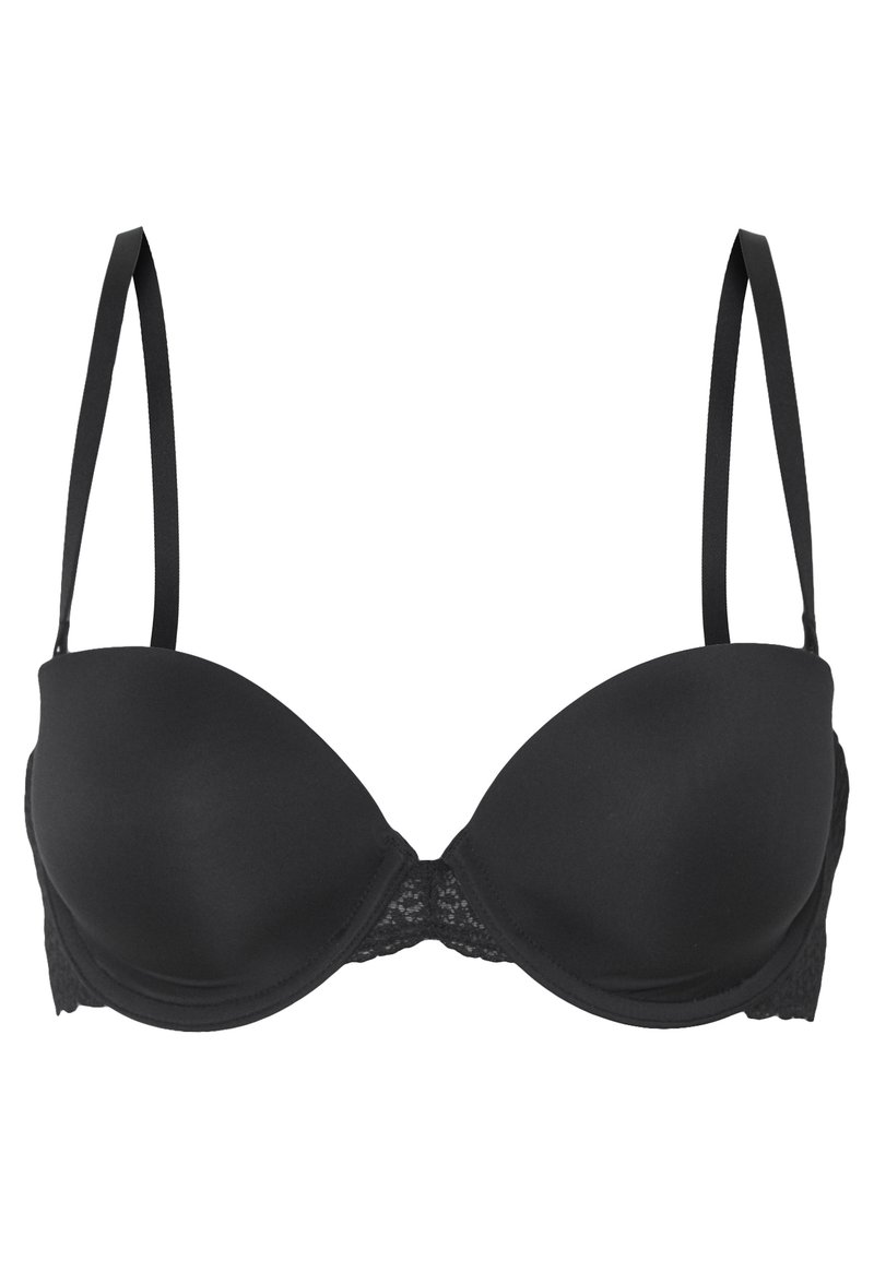 Schwarzer gepolsterter BH mit Unterträger, verstellbaren dünnen Trägern und Spitzenakzenten an der Vorderseite und an den Seiten.