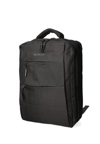 Zaino in tessuto nero con molteplici scomparti con zip, manico testurizzato e design elegante e rettangolare. Include un dettaglio del logo sulla parte anteriore.