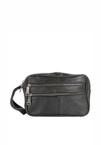 Bolso de cuero negro con dos compartimentos con cremallera y un asa corta. Cuenta con una superficie texturizada y un detalle de logo en relieve en la parte delantera.