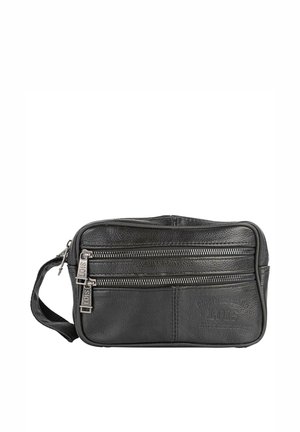 Bolso de cuero negro con dos compartimentos con cremallera y un asa corta. Cuenta con una superficie texturizada y un detalle de logo en relieve en la parte delantera.