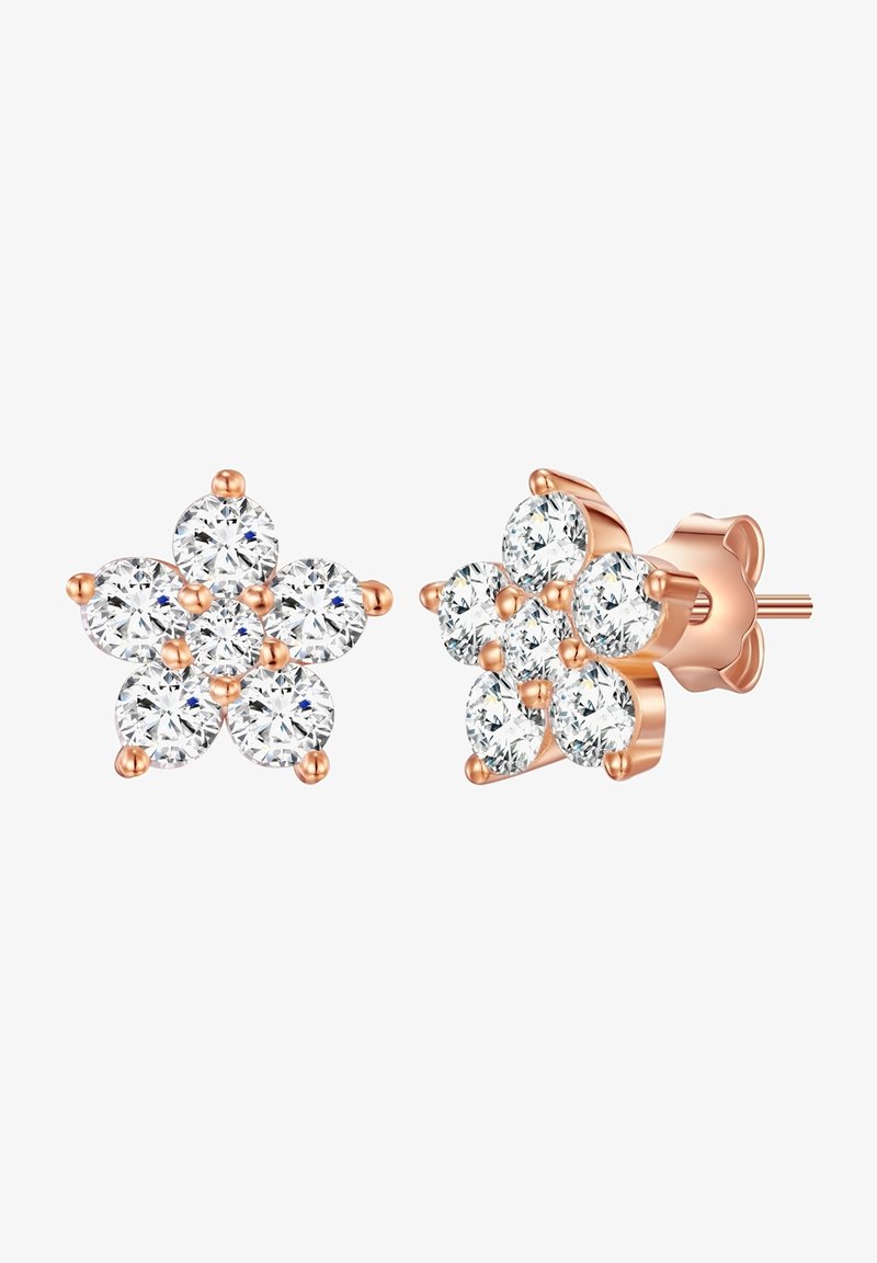 Øreringe i rosaguld i blomstform med seks runde, klare cubic zirconia-sten anordnet i et symmetrisk design med polerede detaljer.