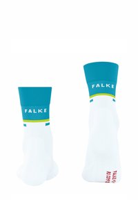 Calze bianche con accenti turchesi e gialli. Presentano un polsino a coste etichettato "FALKE" e punte senza cuciture per un maggiore comfort.