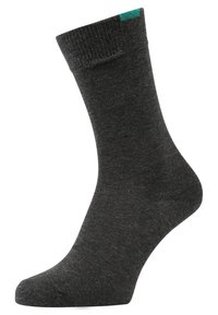 Graue Baumwollmischsocke mit geripptem Bund und einem kleinen türkisfarbenen Akzent. Sie hat eine glatte Textur und ein Standard-Crew-Längen-Design.