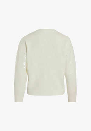 Pullover bianco lavorato a maglia con scollo tondo e maniche lunghe, caratterizzato da decorazioni in paillettes sulle spalle per un tocco di texture.
