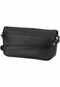 Schwarze Leder-Umhängetasche mit strukturiertem Äußeren, elegantem Design und schmalem, verstellbarem Riemen. Reißverschlussverschluss oben.