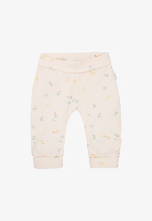 Licht beige babybroekjes van zacht materiaal, met een speels fruitpatroon in pastelkleuren en elastische boorden en tailleband.