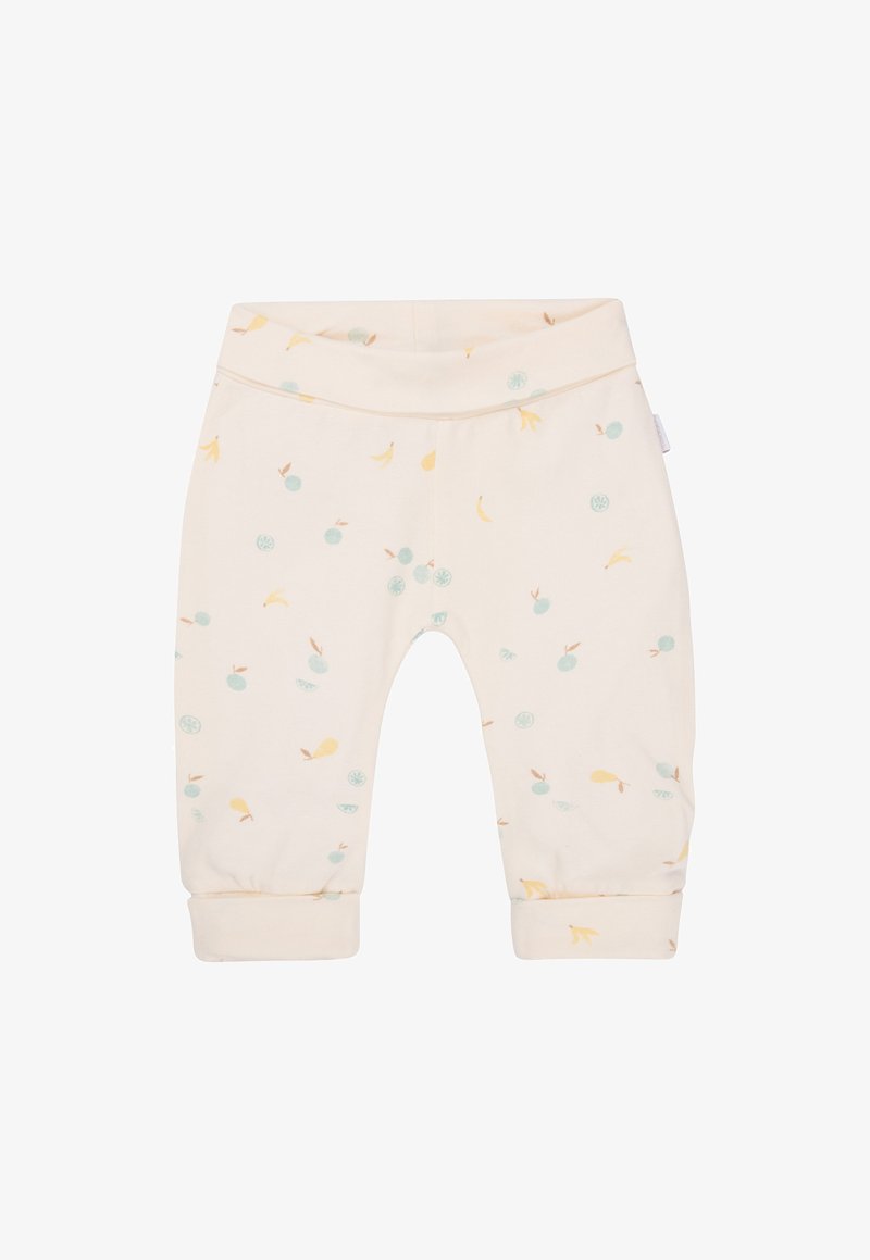 Hellbeige Babyhosen aus weichem Stoff, mit einem verspielten Fruchtmuster in Pastellfarben sowie elastischen Bündchen und einem elastischen Bund.
