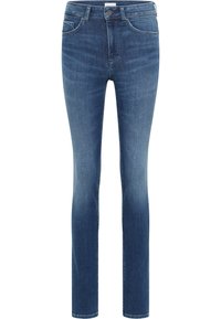 Közepesen kék farmer skinny farmernadrág, enyhén kopott mosással, öt zsebbel, elülső gombos záródással és övhurkokkal.