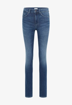 Schlanke Jeans aus mittelblauem Denim mit einer leicht ausgewaschenen Optik, fünf Taschen, vorderem Knopfverschluss und Gürtelschlaufen.