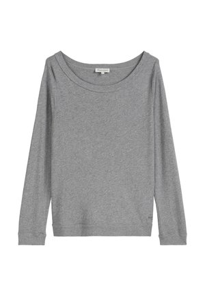 Graues Langarmshirt mit weitem Ausschnitt, aus weichem Baumwollstoff, mit gerippten Bündchen und Saum, versehen mit einem kleinen Logo auf der unteren linken Seite.