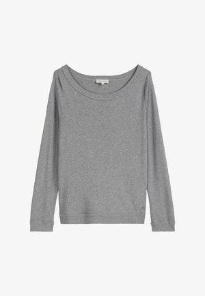 Graues Langarmshirt mit weitem Ausschnitt, aus weichem Baumwollstoff, mit gerippten Bündchen und Saum, versehen mit einem kleinen Logo auf der unteren linken Seite.