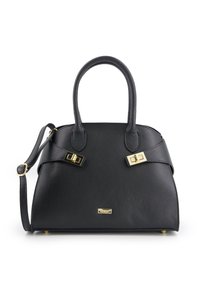 Sac à main en cuir noir avec deux poignées supérieures, une bandoulière réglable, des accents en métal doré et une surface texturée. Fond plat pour plus de stabilité.