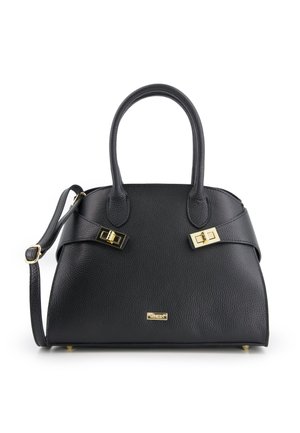 Black leather handbag with dual top handles, adjustable shoulder strap, gold hardware accents, and a textured surface. Flat bottom for stability.