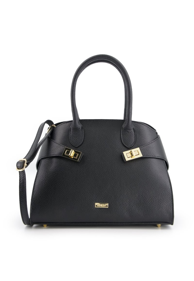 Sac à main en cuir noir avec deux poignées supérieures, une bandoulière réglable, des accents en métal doré et une surface texturée. Fond plat pour plus de stabilité.