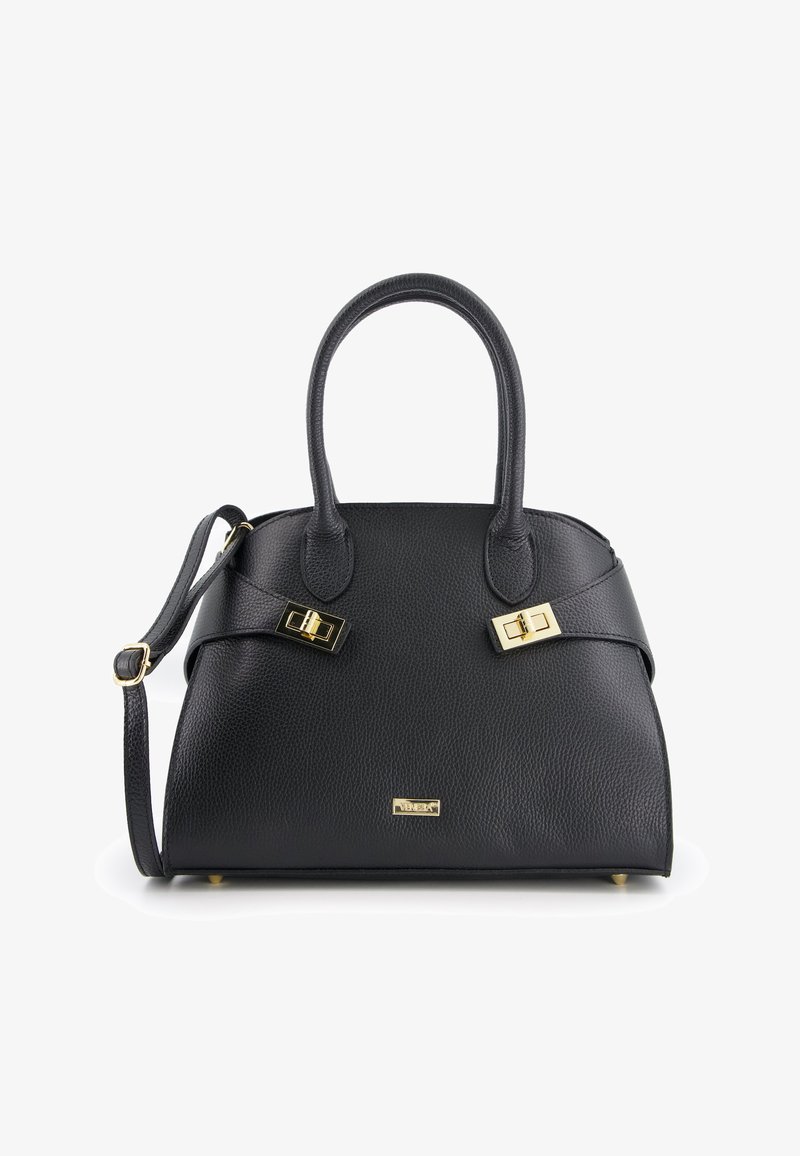Sac à main en cuir noir avec deux poignées supérieures, une bandoulière réglable, des accents en métal doré et une surface texturée. Fond plat pour plus de stabilité.