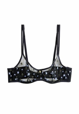 Sort mesh bralette med stjernemønstre i guld og lys blå, justerbare stropper og et minimalistisk design uden polstring.