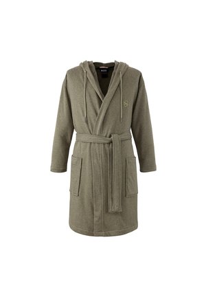Khaki green hooded bathrobe with front pockets and belt, soft fabric, mid-length design, and BOSS logo on chest.