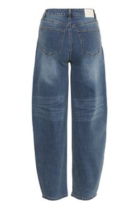 Light blue denim jeans with a loose fit, featuring five pockets, and subtle whiskering details on the back. Square waistband label visible.