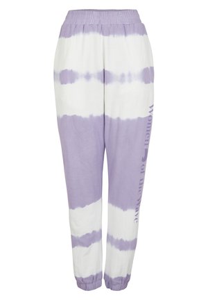 Spodnie dresowe typu jogger w kolorze bzu i białym tie-dye z elastycznym pasem i ściągaczami, z pionowym napisem „Women of the Wave” po boku.