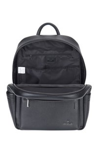 Zaino in pelle nera con un'esterno texturizzato, doppi manici superiori e un compartimento principale con zip che rivela un interno nero liscio.