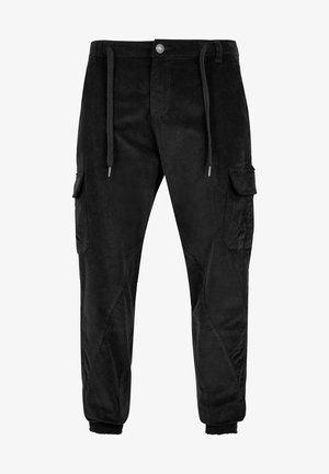 Pantaloni cargo neri realizzati in tessuto testurizzato, con vita regolabile tramite coulisse, due tasche laterali e polsini affusolati.