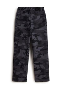 Camouflage pants with a dark gray and black color palette; includes two back pockets and a flat waistband with a checkered design.