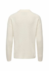 Cremfarbener Pullover mit räumlicher Struktur, einem runden Ausschnitt und langen Ärmeln. Die Rückseite hat ein schlichtes Design ohne Verzierungen.