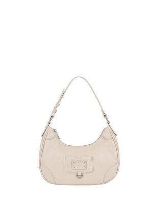 Sac à bandoulière en cuir beige avec sangle réglable, poche avant avec détail anneau en métal et fermeture éclair avec garniture argentée.