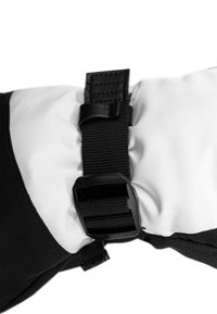 Black and white padded garment with a thick strap and plastic buckle, featuring a smooth texture and stitched edges for durability.