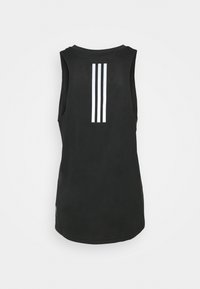 Débardeur de sport noir sans manches avec trois bandes blanches verticales centrées sur le haut du dos sur un fond uni.