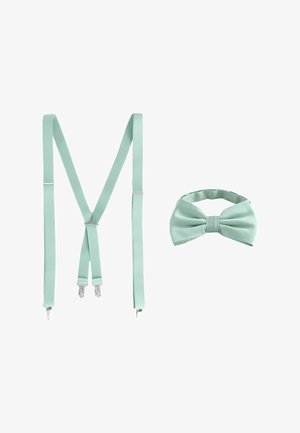 Light green suspenders with metal clips and a matching pre-tied bow tie placed side by side on a white background.