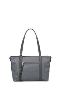 Borsa tote sintetica grigia con finitura testurizzata, dotata di due manici, una tasca anteriore con zip e dettagli in metallo dorato.