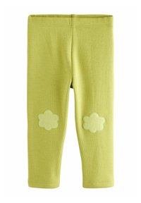 Leggings vert clair en coton au design ajusté, ornés d'appliqués floraux dans une teinte légèrement plus foncée sur les deux genoux.
