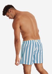 Blaue und weiße gestreifte Badeshorts mit elastischem Bund und Seitentaschen, versehen mit einem Logotag auf der Rückseite.