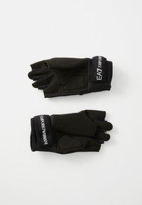 Black fingerless gloves made of soft fabric with textured grip areas, featuring elastic wrist bands and a logo tag.