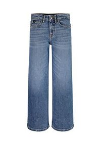 Jeans azzurri a gamba larga in denim, con un classico design a cinque tasche e una chiusura con bottone in vita. Presentano dettagli strappati.