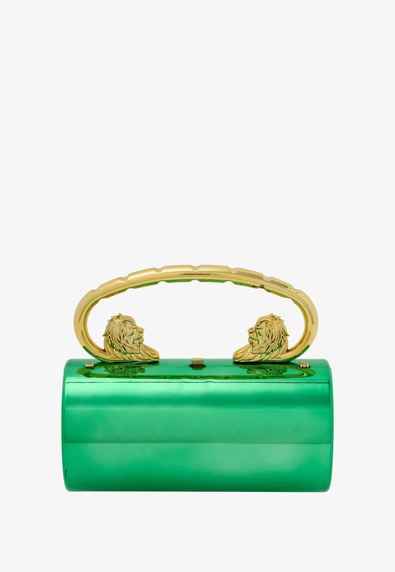 Zöld fényes kézi táska kerekített testtel, arany oroszlánfej fogantyúval és záróelemmel, sima felület, tükröződő kivitel.