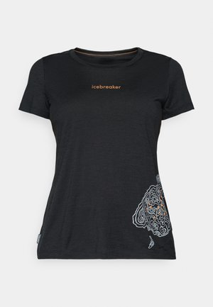 Black short-sleeve women's crew neck T-shirt with orange "icebreaker" logo on chest and white topographic design on lower left side.