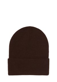 Brown knit beanie hat with a close-fitting design, featuring a rolled cuff and textured fabric, suitable for warmth and casual wear.