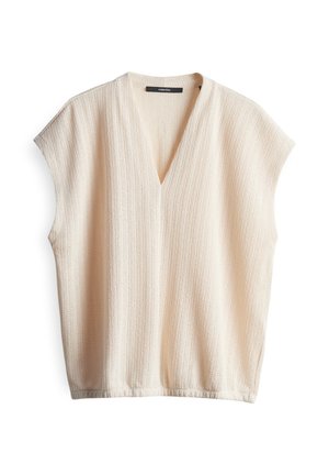 Light beige short-sleeve top with a V-neck, featuring a textured fabric and subtle vertical stripes. Soft, breathable material, relaxed fit.